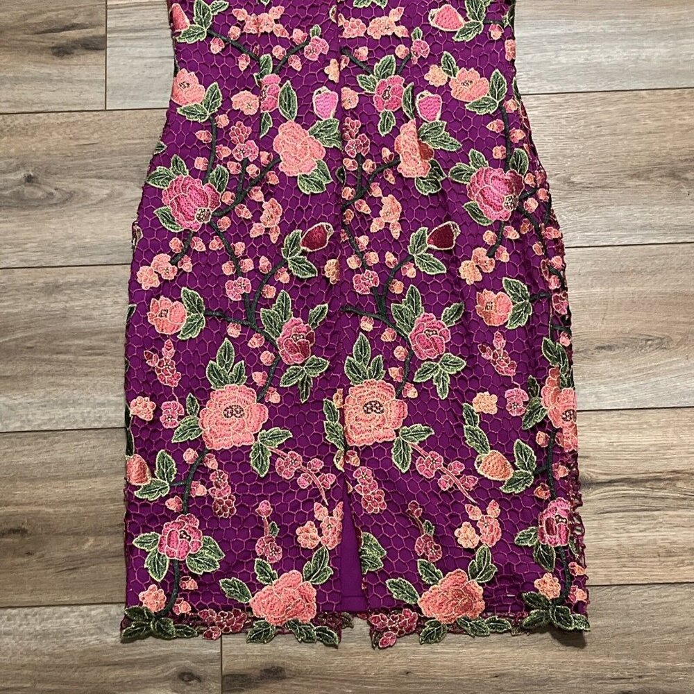 Women's Badgley Mischka Sheath Dress SZ 8 Purple Floral Overlay Sleeveless - Picture 11 of 11